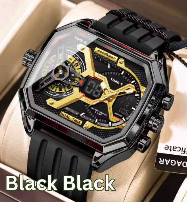 LumiLED - Rectangular Men’s Quartz Watch – Silicone Strap, LED Calendar & Week Display with Luminous Backlight