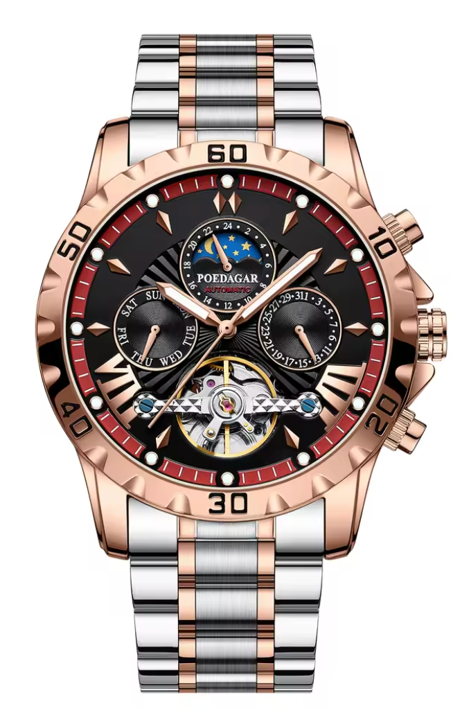 CylaLuxe luxury men's chronograph watch with rose gold and silver band, black dial, and multiple subdials