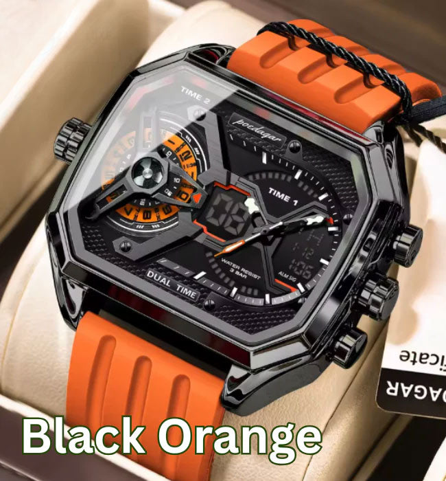 LumiLED - Rectangular Men’s Quartz Watch – Silicone Strap, LED Calendar & Week Display with Luminous Backlight