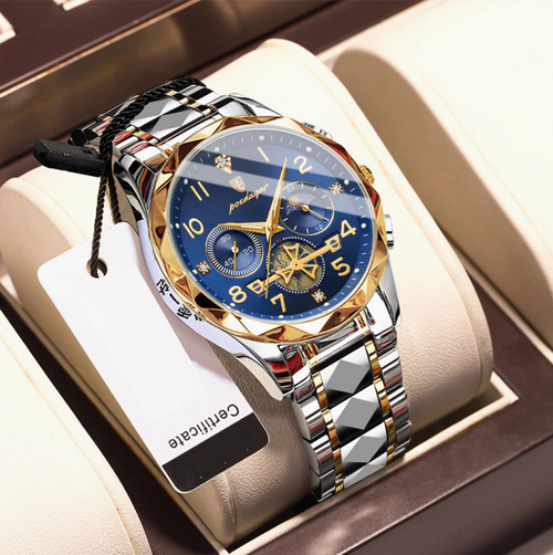 CylaLuxe men's automatic watch with blue dial gold accents and stainless steel band in display box