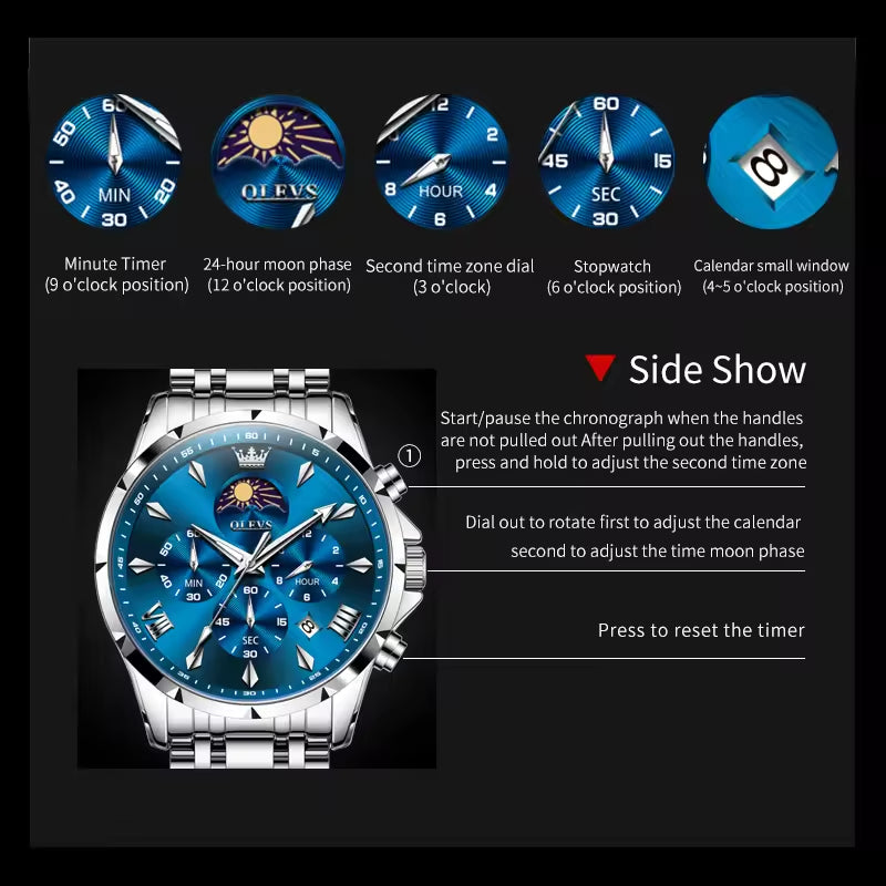 Moonphase Chrono Pro 7-Series - Moonphase Chronograph Quartz Watch for Men – Stainless Steel, Multifunction & Waterproof