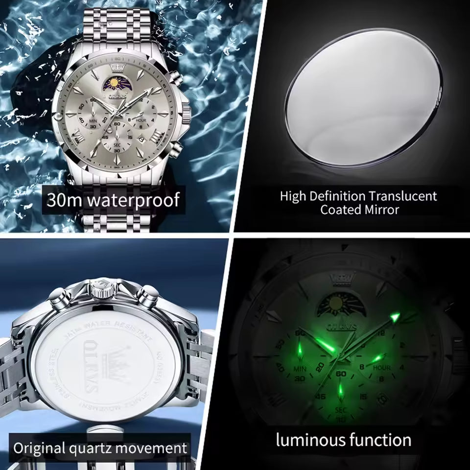 Moonphase Chrono Pro 7-Series - Moonphase Chronograph Quartz Watch for Men – Stainless Steel, Multifunction & Waterproof